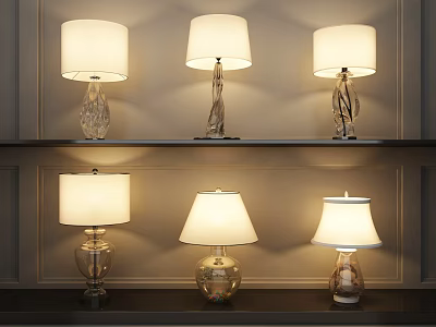 Unique Shaped Table Lamps With Transparent Bases And White Lampshades Displayed On Shelves 3d model
