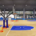 Indoor Basketball Court With Wooden Flooring Blue Markings Basketball Hoops And Firesun Banners