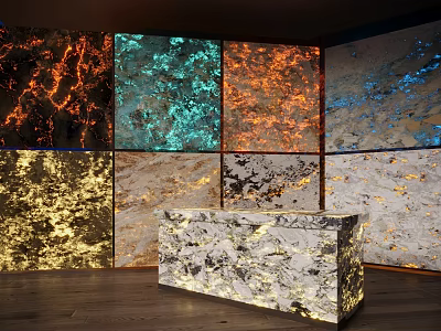 Modern Bar Counter With Marble Surface And Colorful Glowing Wall Panels 3d model