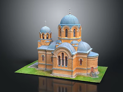 Cartoon Scene of Church Building with Blue Domes Orange Walls Windows and Green Grass Base 3d model
