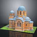 Cartoon Scene of Church Building with Blue Domes Orange Walls Windows and Green Grass Base