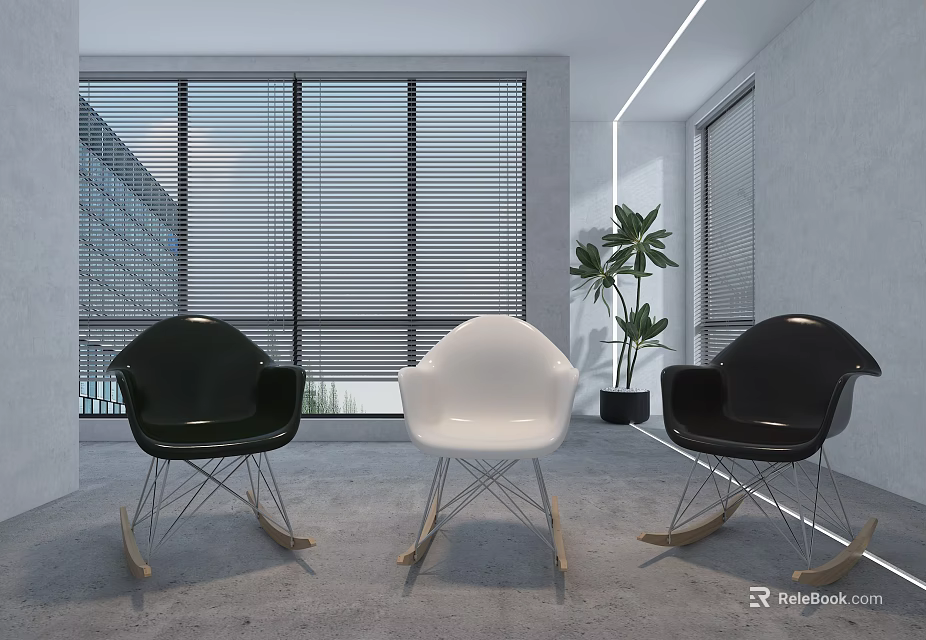 Modern Interior Black And White Rocking Leisure Chairs With Large Windows And Palm Plant 3d model 