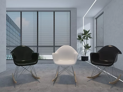 Modern Interior Black And White Rocking Leisure Chairs With Large Windows And Palm Plant 3d model