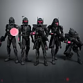 Game Movie Characters in Black Armor Standing with Red Glowing Elements and Weapons