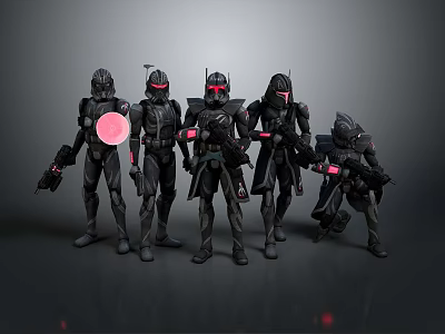 Game Movie Characters in Black Armor Standing with Red Glowing Elements and Weapons 3d model