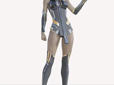 Woman in Futuristic Black and Gold Bodysuit With Arm Guards and Thigh-High Boots 3d model