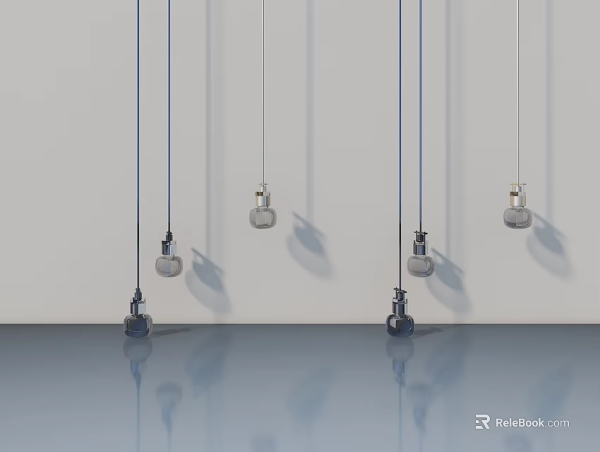 Four Modern Pendant Lights Hanging With Shadows In Minimalist Room With Reflective Floor 3d model 
