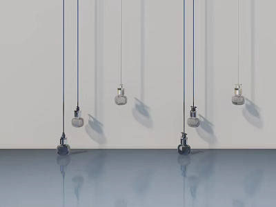 Four Modern Pendant Lights Hanging With Shadows In Minimalist Room With Reflective Floor 3d model