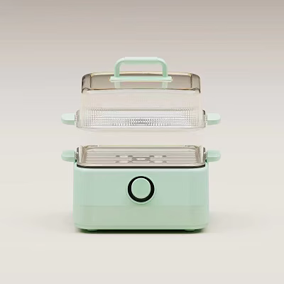 Light Green Two Tier Food Steamer With Transparent Steaming Layers And Knob Control Kitchen Appliance 3d model