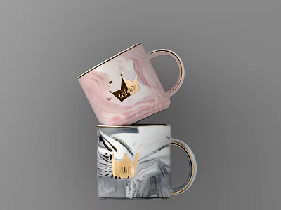 Stacked Pink And Gray Marble Mugs With Gold Crown Design And Accents 3d model