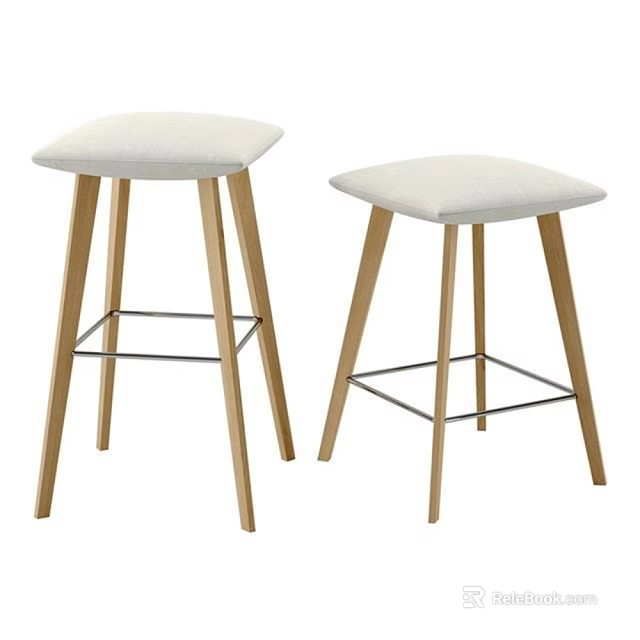 Two Modern Minimalist Bar Stools With Wooden Legs Fabric Seats And Metal Crossbars 3d model 