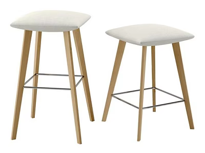 Two Modern Minimalist Bar Stools With Wooden Legs Fabric Seats And Metal Crossbars 3d model