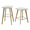 Two Modern Minimalist Bar Stools With Wooden Legs Fabric Seats And Metal Crossbars
