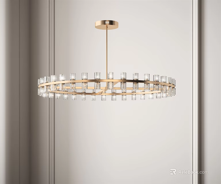 Elegant Modern Chandelier with Gold Circular Frame and Transparent Glass Elements 3d model