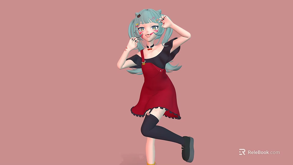 Anime Style Game Character With Turquoise Hair And Red Dress 3d model 