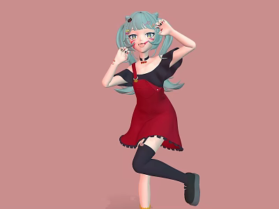 Anime Style Game Character With Turquoise Hair And Red Dress 3d model