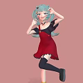 Anime Style Game Character With Turquoise Hair And Red Dress