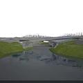 Modern Landscape Bridge Design Over River With Green Grass And Water Reflection