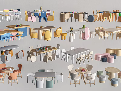 Various Modern Wooden Table And Chair Sets With Colorful Designs For Home Decor 3d model