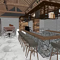 Rustic Outdoor Bar Area With Stone Counter Wooden Wall And White Chairs Under Glass Ceiling