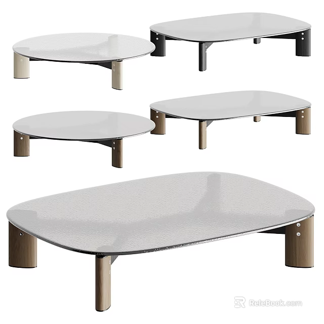 Modern Coffee Tables With Wooden Legs And Smooth White Surfaces In Various Shapes 3d model 