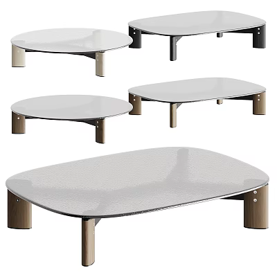 Modern Coffee Tables With Wooden Legs And Smooth White Surfaces In Various Shapes 3d model