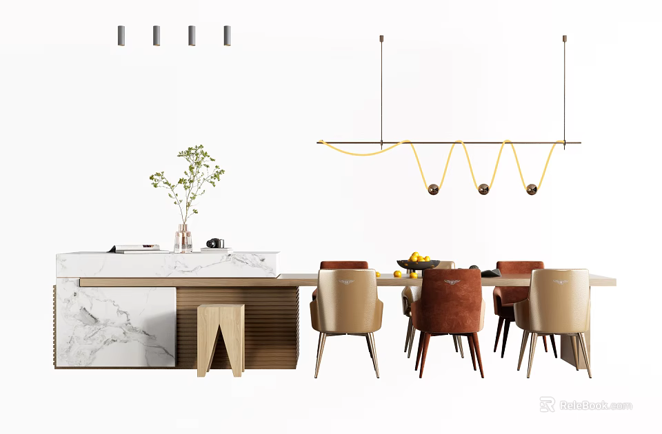 Modern Dining Table Set With Beige Brown Chairs Hanging Light And Marble Countertop 3d model