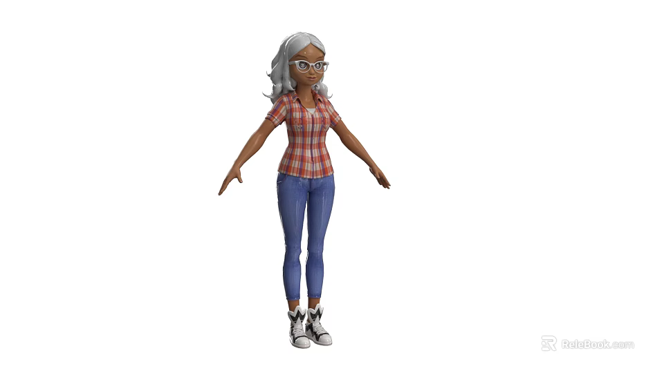 Woman With Gray White Hair Wearing Glasses Plaid Shirt Blue Jeans And White Sneakers 3d model 