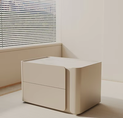 Minimalist Beige Bedside Table with Two Drawers in Modern Bedroom and Window Blinds 3d model