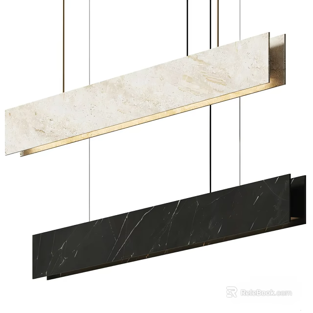 Modern Long Rectangular Pendant Light with Marble Shade and Metal Frame Design 3d model