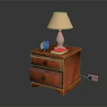 Wooden Bedside Table Interior With Table Lamp Blue Alarm Clock And Pink Book
