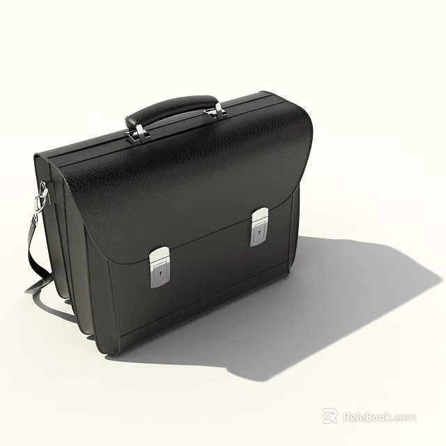 Black Leather Briefcase with Silver Clasps Sturdy Handle and Shoulder Strap 3d model 