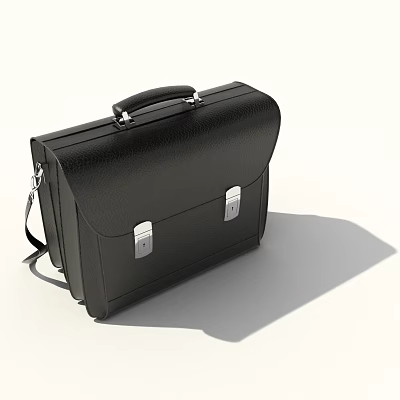 Black Leather Briefcase with Silver Clasps Sturdy Handle and Shoulder Strap 3d model