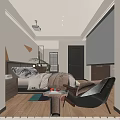 Modern Bedroom Interior With Cozy Bed Nightstands Table Lamps Area Rug And Geometric Wall Decor