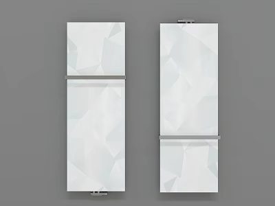 Two White Radiators With Geometric Patterns Mounted On Grey Wall Interior 3d model