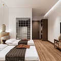 Modern Hotel Room Interior With Twin Beds Wooden Flooring TV And Green Plant