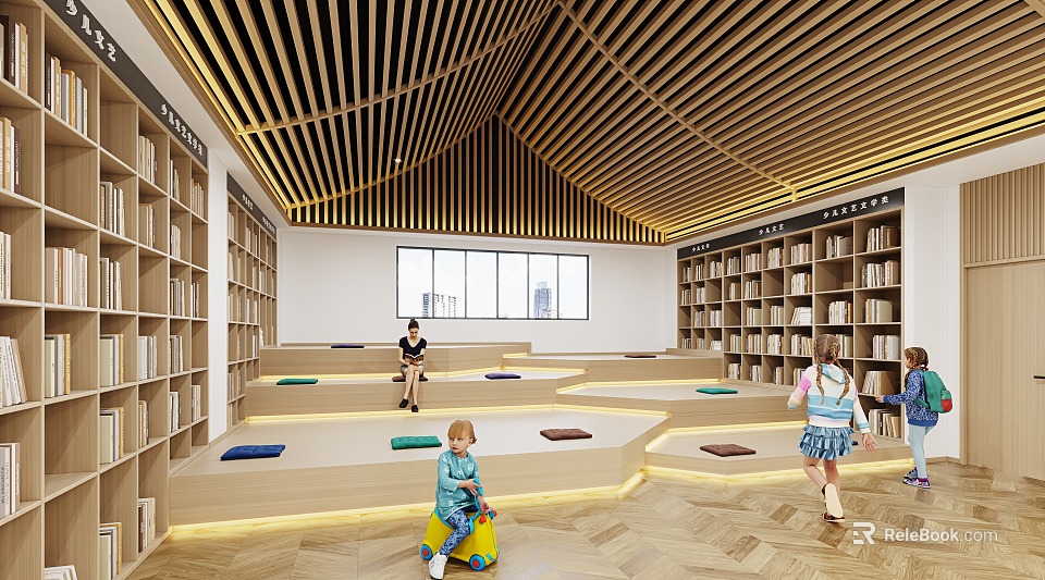 Artistic Library Interior Design With Wooden Ceiling Bookshelves And Kids 3d model 
