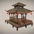 Traditional Chinese Pavilion With Multi Tiered Green Tiled Roof Red Lanterns And Wooden Railings