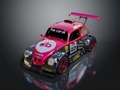 Pink Beetle Race Car With Rear Spoiler Red Wheels BON CUP UK Logo Number 22 3d model