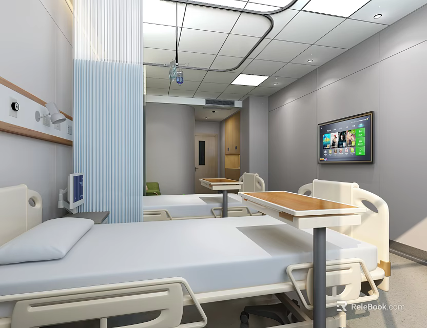 Modern Hospital Ward Interior With Patient Bed Medical Equipment And TV Screen 3d model 