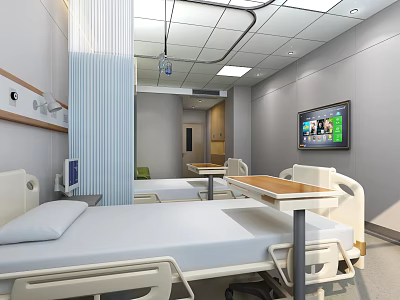 Modern Hospital Ward Interior With Patient Bed Medical Equipment And TV Screen 3d model