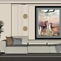 Modern Living Room Interior With White Sofa Deer Painting Wall Lamps And Green Plant