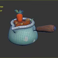 Light Blue Pot with White Spots Wooden Handle Purple Accent Carrot and Soup Inside