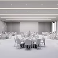 Banquet Hall Interior Design With Round Dining Tables Brown Chairs Starry Backdrop And Patterned Carpet