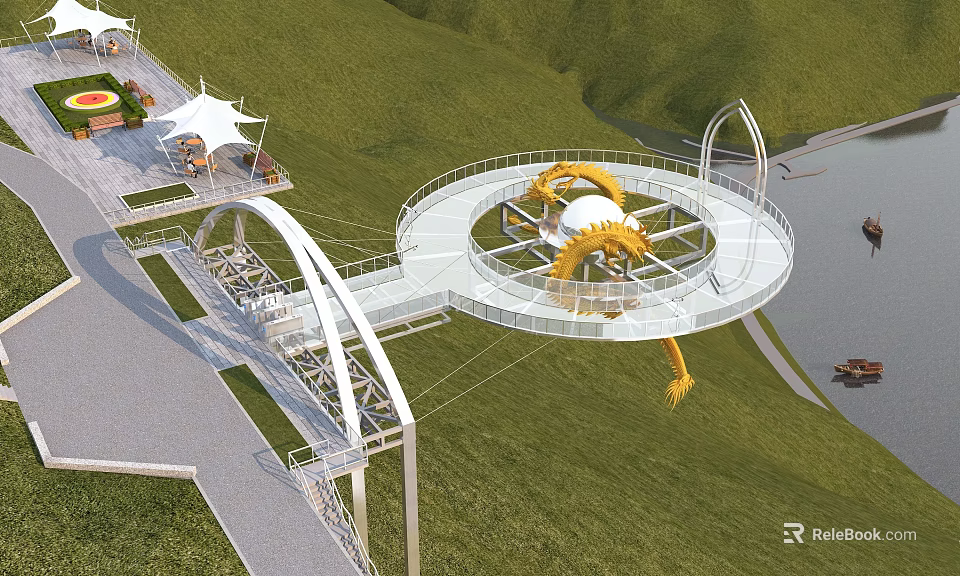 Circular Observation Deck With Dragon Decoration Green Lawn Water Area And Walkway 3d model 
