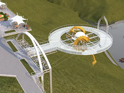 Circular Observation Deck With Dragon Decoration Green Lawn Water Area And Walkway 3d model
