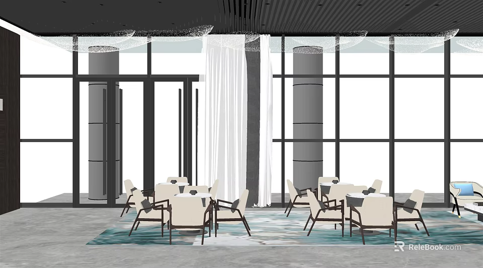 Modern Lounge Area Interior With Large Windows White Curtains And Comfortable Tables Chairs 3d model 