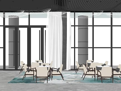 Modern Lounge Area Interior With Large Windows White Curtains And Comfortable Tables Chairs 3d model