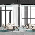 Modern Lounge Area Interior With Large Windows White Curtains And Comfortable Tables Chairs