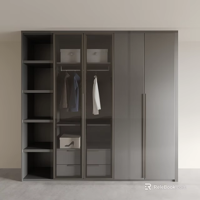 Modern Gray Wardrobe Design With Open Shelves Hanging Rod Drawers And Storage Box 3d model 